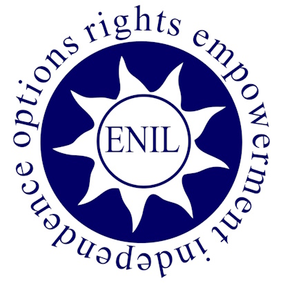 ENIL logotyp - vit sol mot blå med ENIL text på 