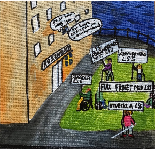serieteckning av protest utanför Rosenbad