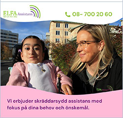 annons ELFA assistans - Personlig assistans som du skapar den. Vi bjuder skräddarsydd assistans med fokus på dina behov och önskemal. 08-700 20 60, info@elfa-assistans.se