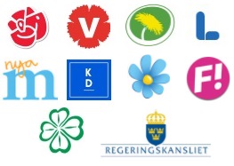 logotyp för riksdagspartierna, FI samt regeringen